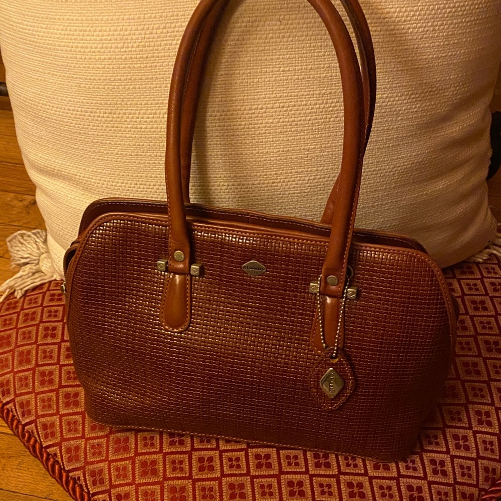 i Santi Woven-Texture Brown Satchel with Double Handles